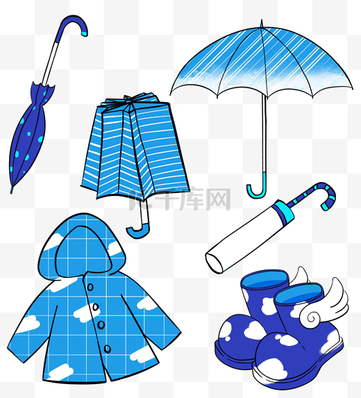 雨靴雨具雨衣简笔画蓝色扁平卡通图片