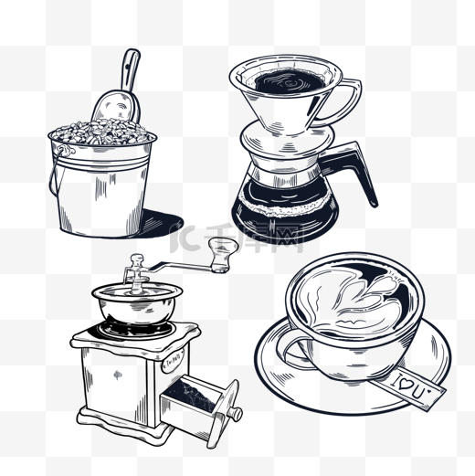 咖啡豆手冲壶研磨机咖啡杯黑白线性吃水图片