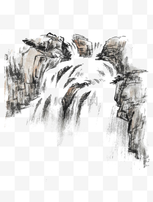 水墨风景画山水瀑布图片