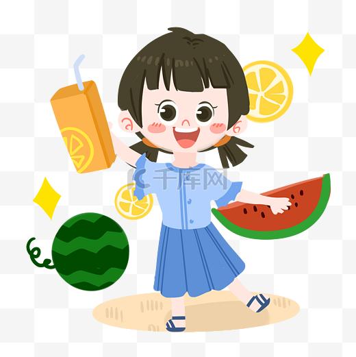 夏日卡通女孩喝果汁PNG素材图片