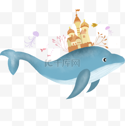 海底大鱼梦幻城堡海底素材手绘插画免费下载图片