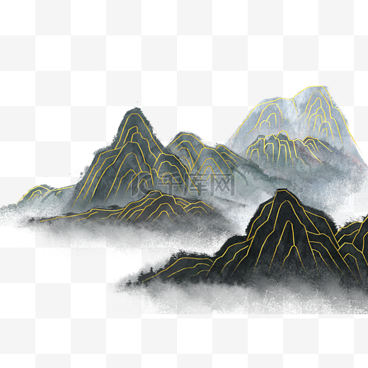 金线水墨古风山水插画图片