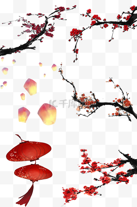 中国风梅花灯笼黑色素材合集图片