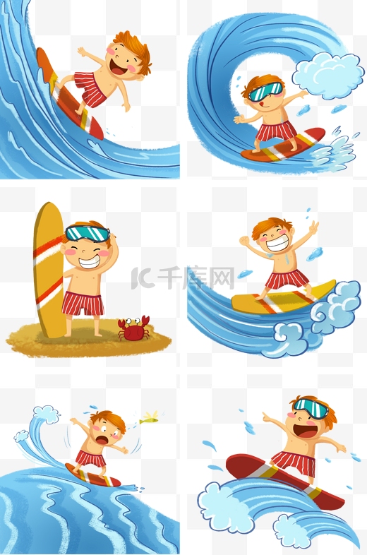 夏日蓝色卡通冲浪人物插画套图图片
