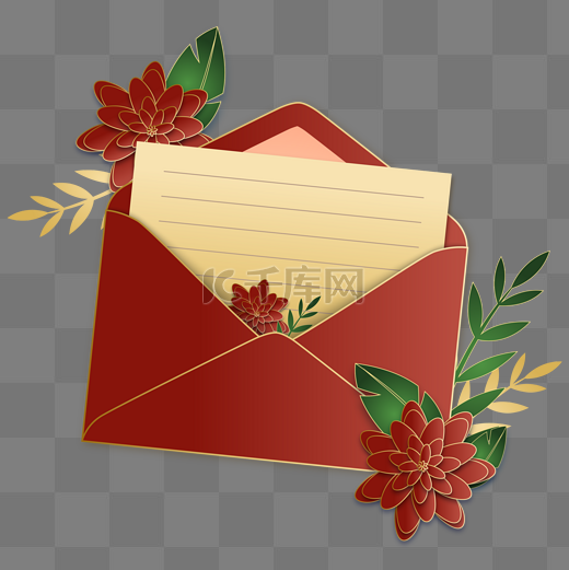 红色花朵信封信纸图片