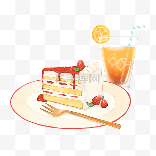 下午茶草莓蛋糕配果汁图片