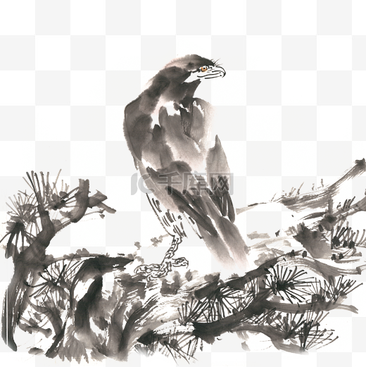 鹰与松树水墨画PNG免抠素材图片