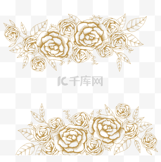 华丽大花玫瑰叶子藤蔓花卉金色线条装饰图片