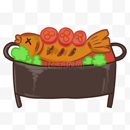 卡通铁炉里的烤鱼图片