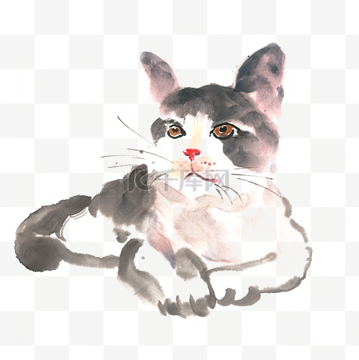呆萌的小猫水墨画PNG免抠素材图片