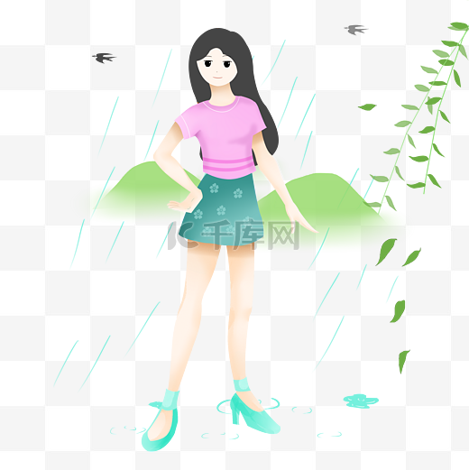 清明节雨中的女孩插画图片