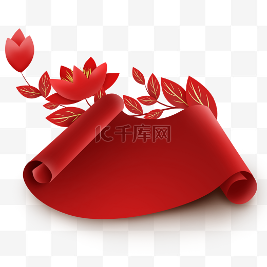 剪纸花朵和红色卷轴图片