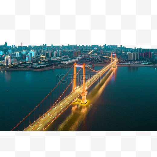 武汉城市建筑鹦鹉洲长江大桥夜景航拍图片