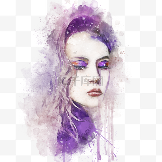 紫色流动水彩女人肖像喷溅插画手绘元素图片