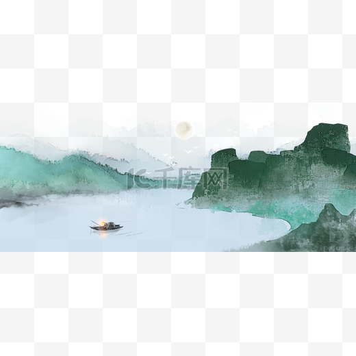 江月渔火水墨画中国风山水PNG素材图片