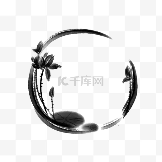 中国风手绘水墨荷花花朵圆形边框图片