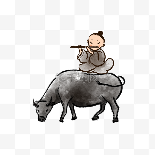 清明水牛牧童吹笛骑牛手绘水墨风装饰图案png图片