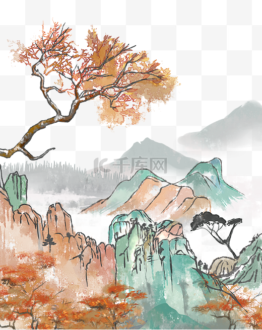 秋天中国风水墨水彩山峰树木远山风景图片
