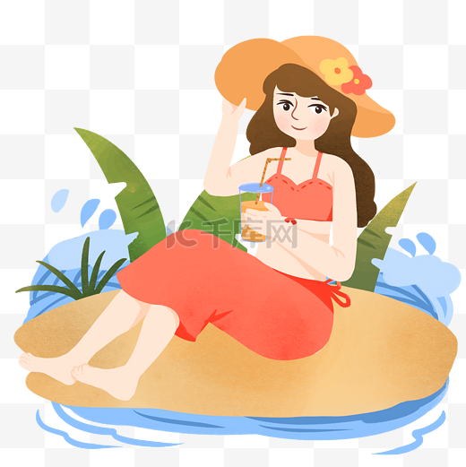 夏日女孩坐在沙滩上喝水图片