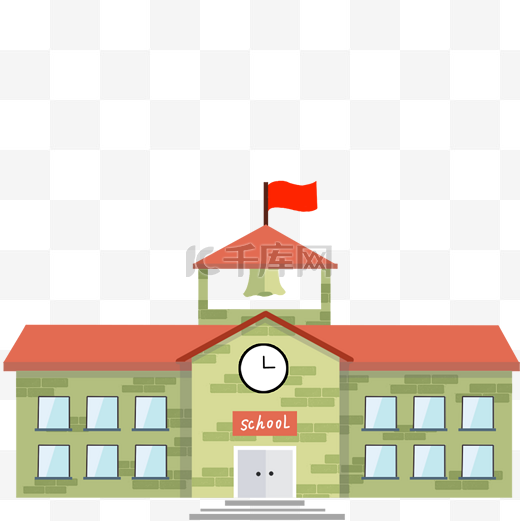 插着红旗的卡通教学楼免扣图图片