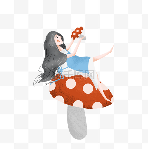 简约坐在蘑菇上的女孩插画海报免抠元素图片