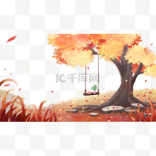 秋天秋日唯美插画风景秋千天空蓝天云草地树叶树图片