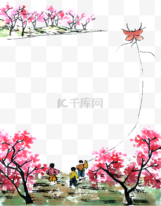 桃花红花桃林春天装饰边框清明踏青放风筝图片
