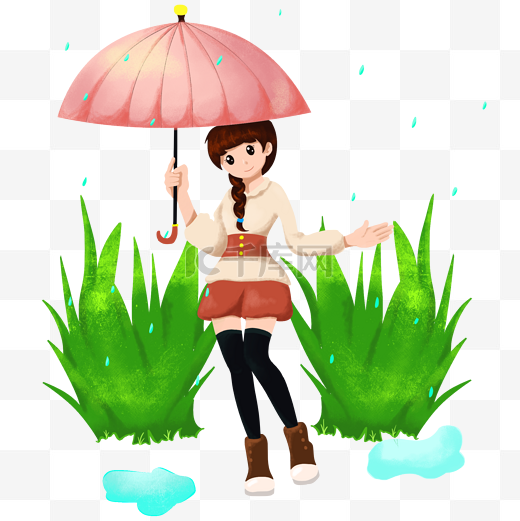 撑红色雨伞的女孩插画图片