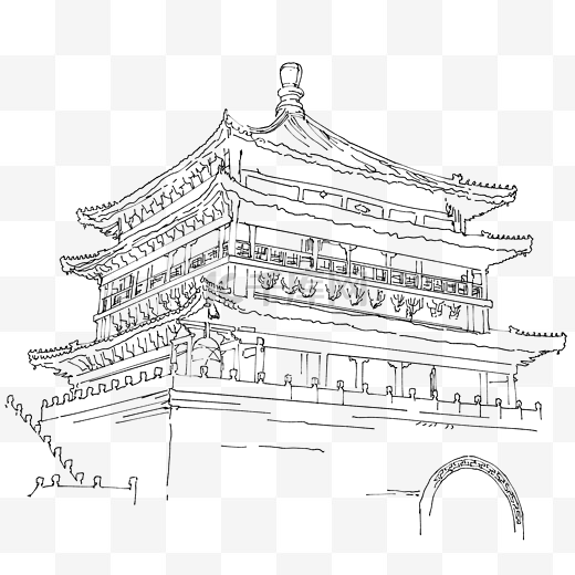 西安古城墙线稿图片