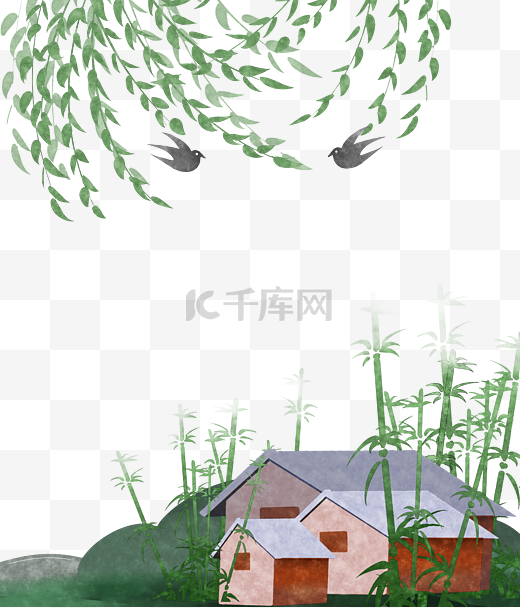 水墨装饰边框竹子柳燕图片