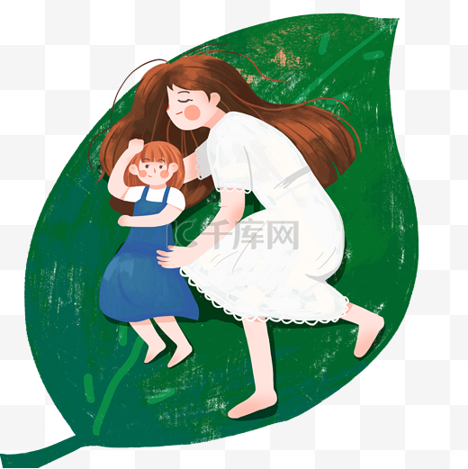 妈妈抱着女孩睡在叶子上免抠图图片