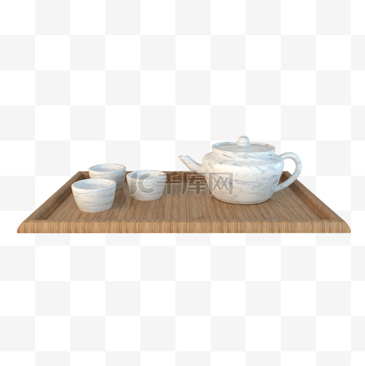 C4D立体仿真3D大理石纹理中国风茶具图片