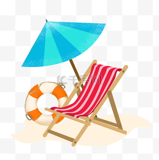 夏日沙滩上的躺椅遮阳伞和泳圈图片