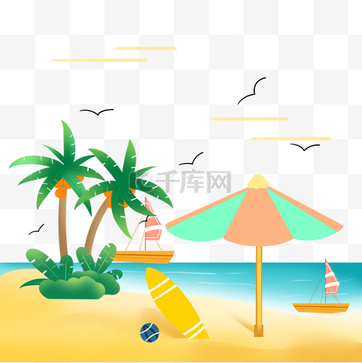 手绘矢量椰子树遮阳伞冲浪板海滩插画夏天图片