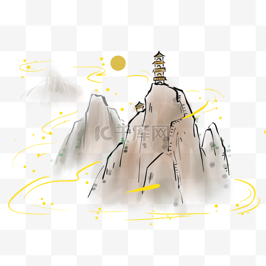 中国风山上的塔和月亮图片