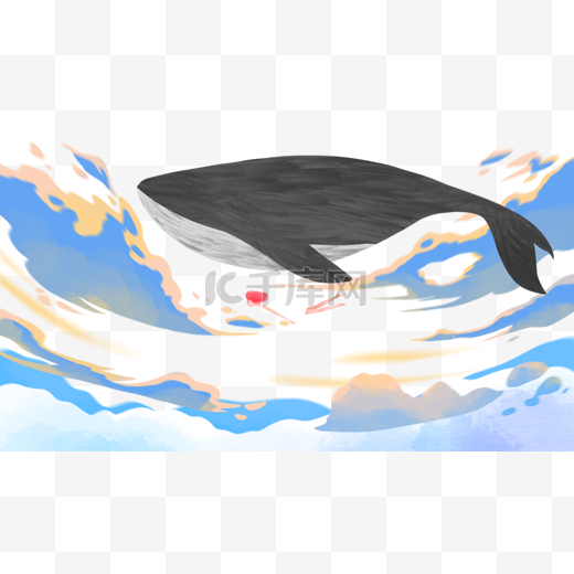 手绘卡通云层里的人和鲸鱼免扣元素图片