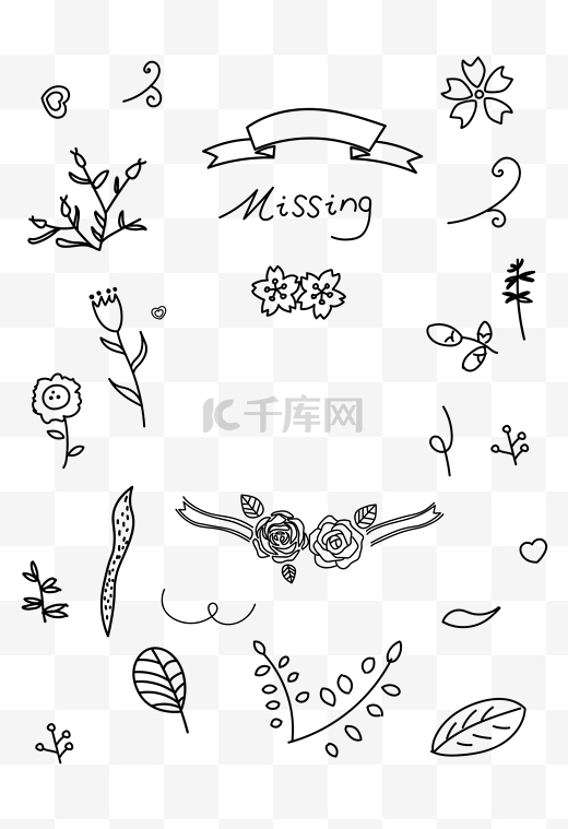 线条植物可爱线条花朵玫瑰树叶叶子标签手绘图片