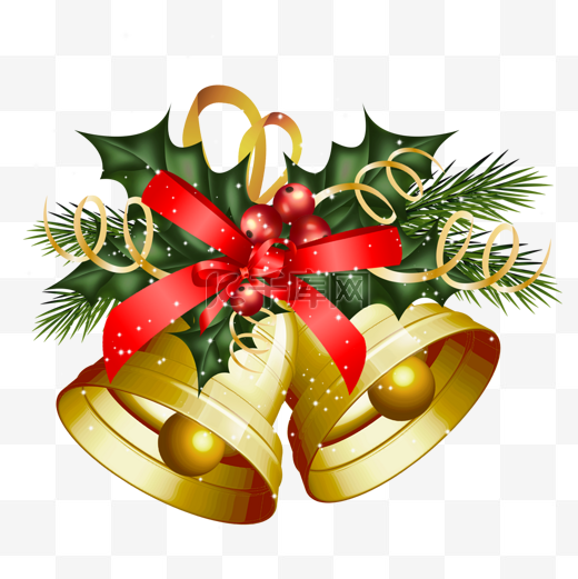 圣诞节冬青和缎带装饰金色质感铃铛图片