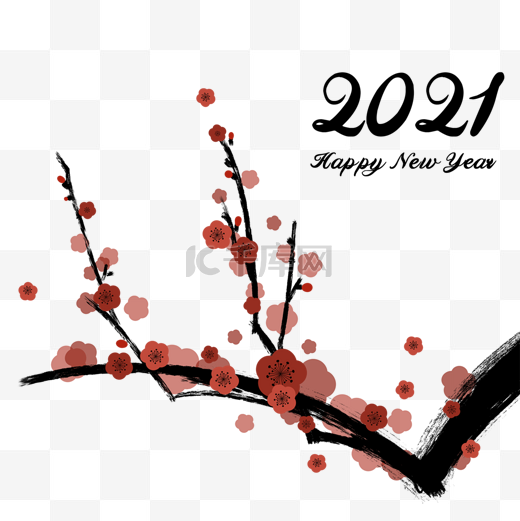 2021年新年水墨红色梅花树枝图片