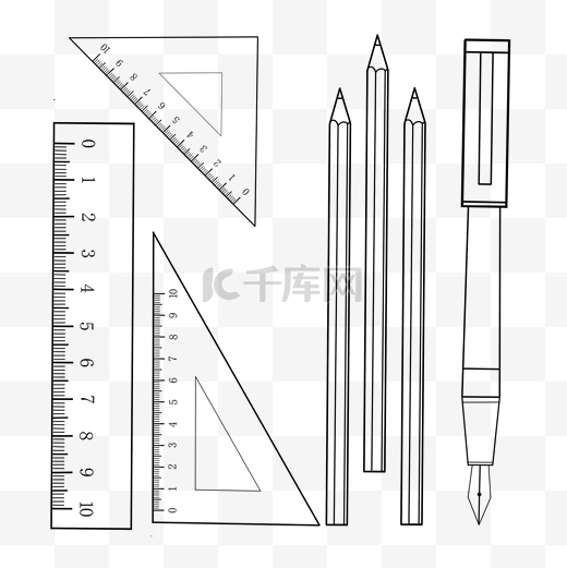 线描尺子铅笔钢笔组合插画装饰图片