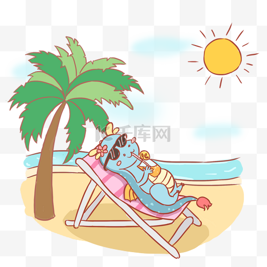 夏天阳光沙滩Q版霸王龙手绘卡通元素图片