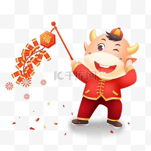 放鞭炮的立体牛牛年新年春节图片