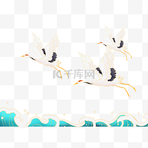国潮海浪和飞翔的仙鹤图片