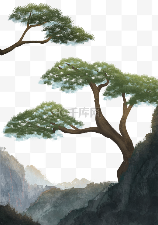 手绘山石松树松柏插画图片