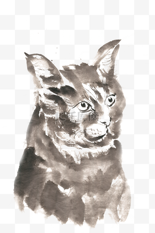 机敏的小猫水墨画PNG免抠素材图片