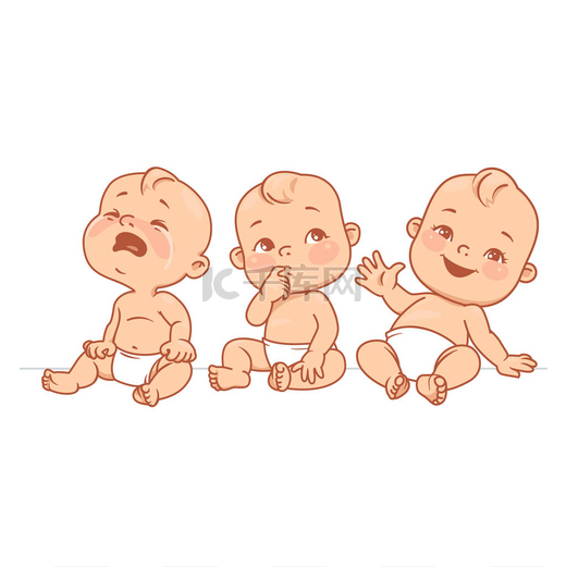 一套婴儿情感肖像。卡通小宝宝 6-12, 穿着尿布, 笑, 哭, 好奇的婴儿。悲伤, 快乐, 体贴的孩子。素描风格。被隔绝的五颜六色的向量例证.图片