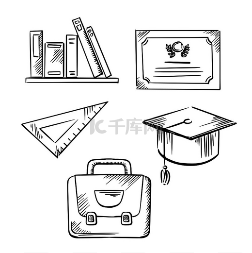毕业文凭和帽子、书包、三角尺和书籍素描图标，用于毕业或教育主题设计图片