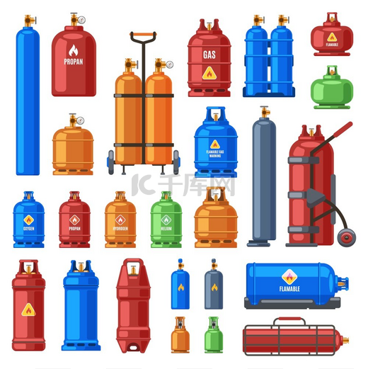 气瓶丙烷氧气和丁烷金属容器圆柱形氦气罐燃料储存气瓶矢量图示图标集设备中的高压压缩气体气瓶丙烷氧气和丁烷金属容器气缸图片