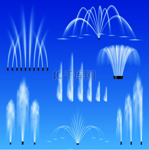 装饰性户外喷水器喷泉集 7 种不同形状大小范围与蓝色背景矢量插图相映成趣。图片