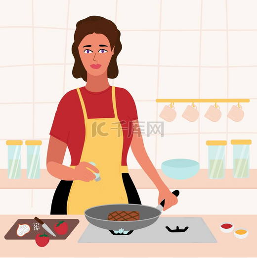 漂亮的女人在厨房里做饭。穿着红色衣服的褐发和黄色围裙在煎锅里烤牛排。手里拿着盐。卡通矢量图解图片